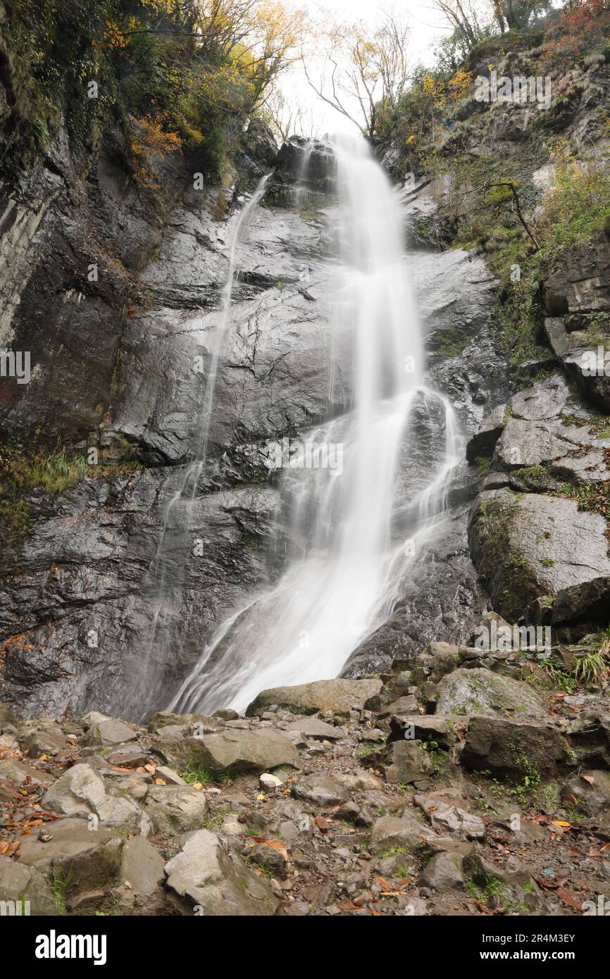 Picturesque view of beautiful mountain waterfall and rocks outdoors
