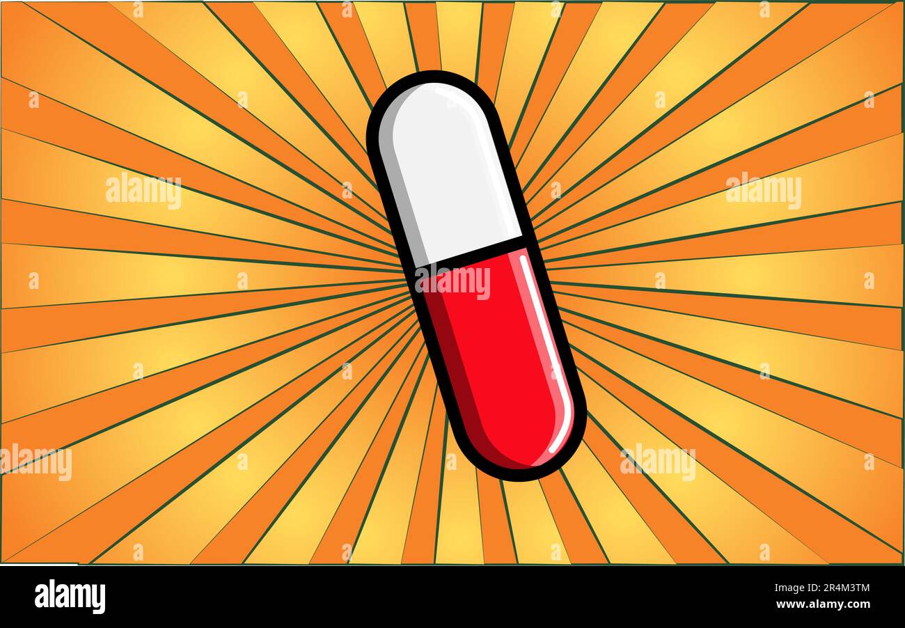 Medical pharmacological red and white oval healing capsule capsule, medicine for health care on the background of abstract yellow rays. Vector illustr Stock Vector