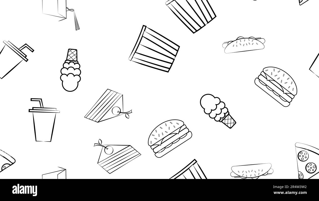 Black and white endless seamless pattern of food and snack items icons set for restaurant bar cafe: burger, popcorn, noodles, pizza, soda, hot dog, ic Stock Vector