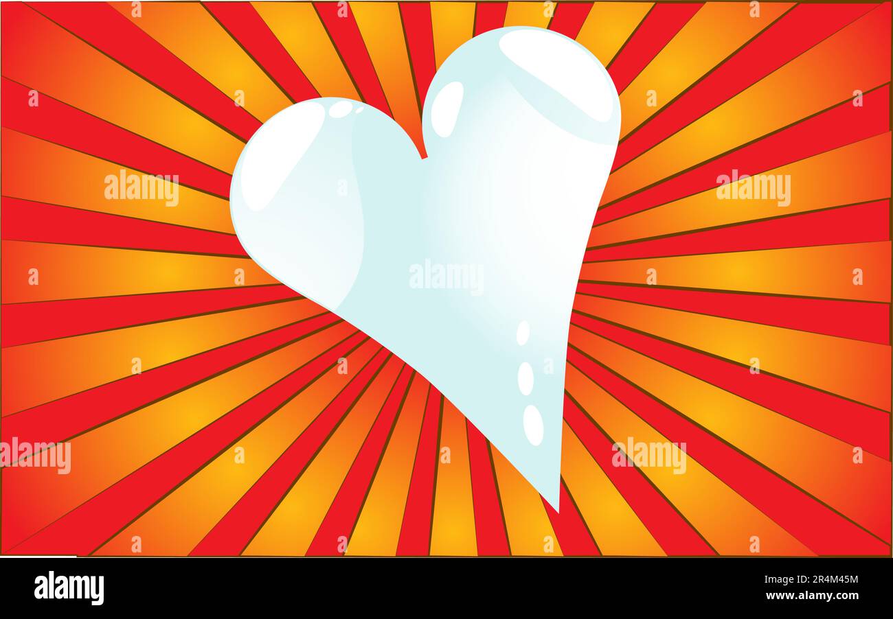 Big beautiful cold love glass ice heart on a background of abstract red rays. Vector illustration. Stock Vector