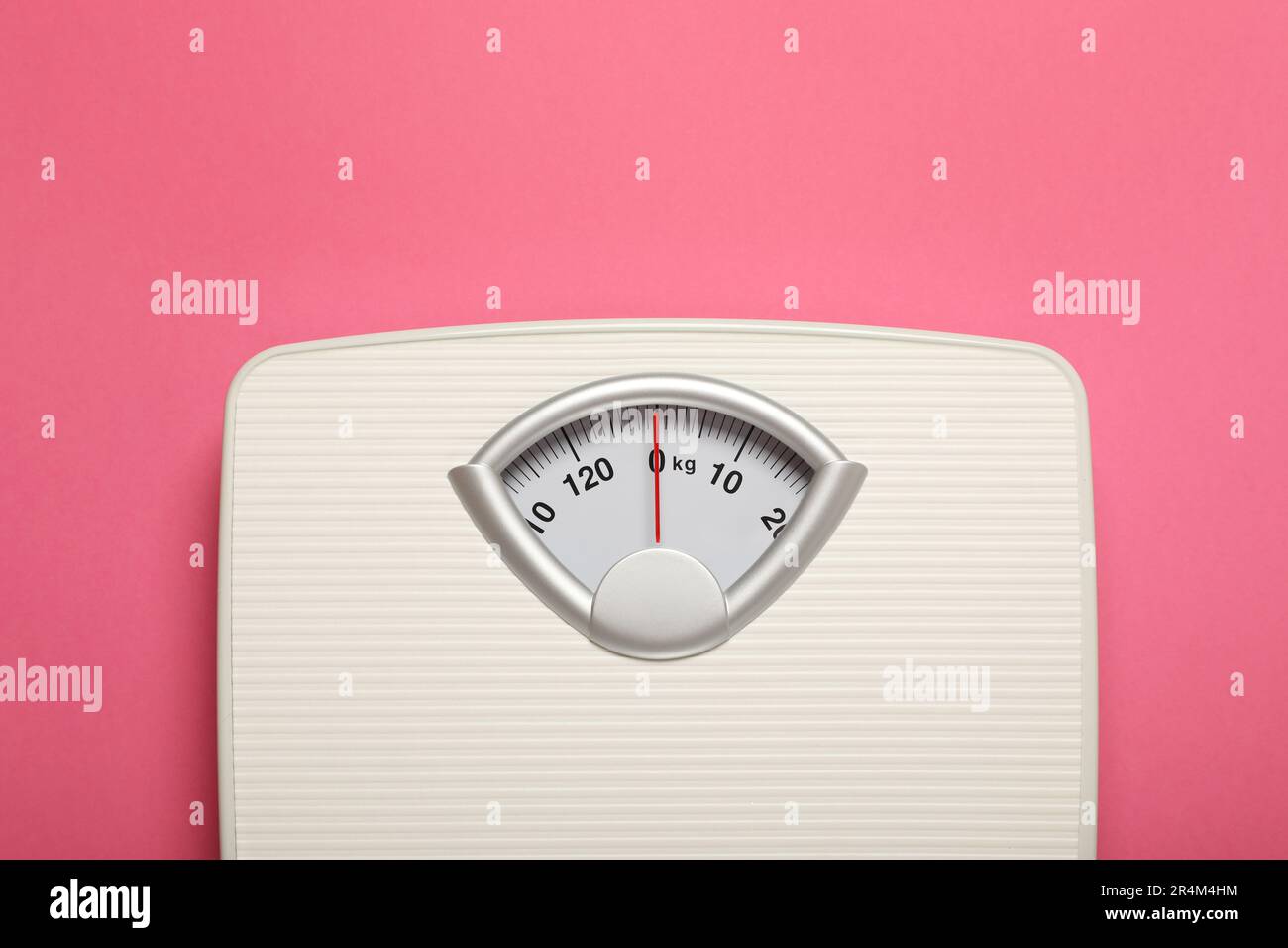 Modern Pink Weight Scale On The Yellow Background, Top View, Copy