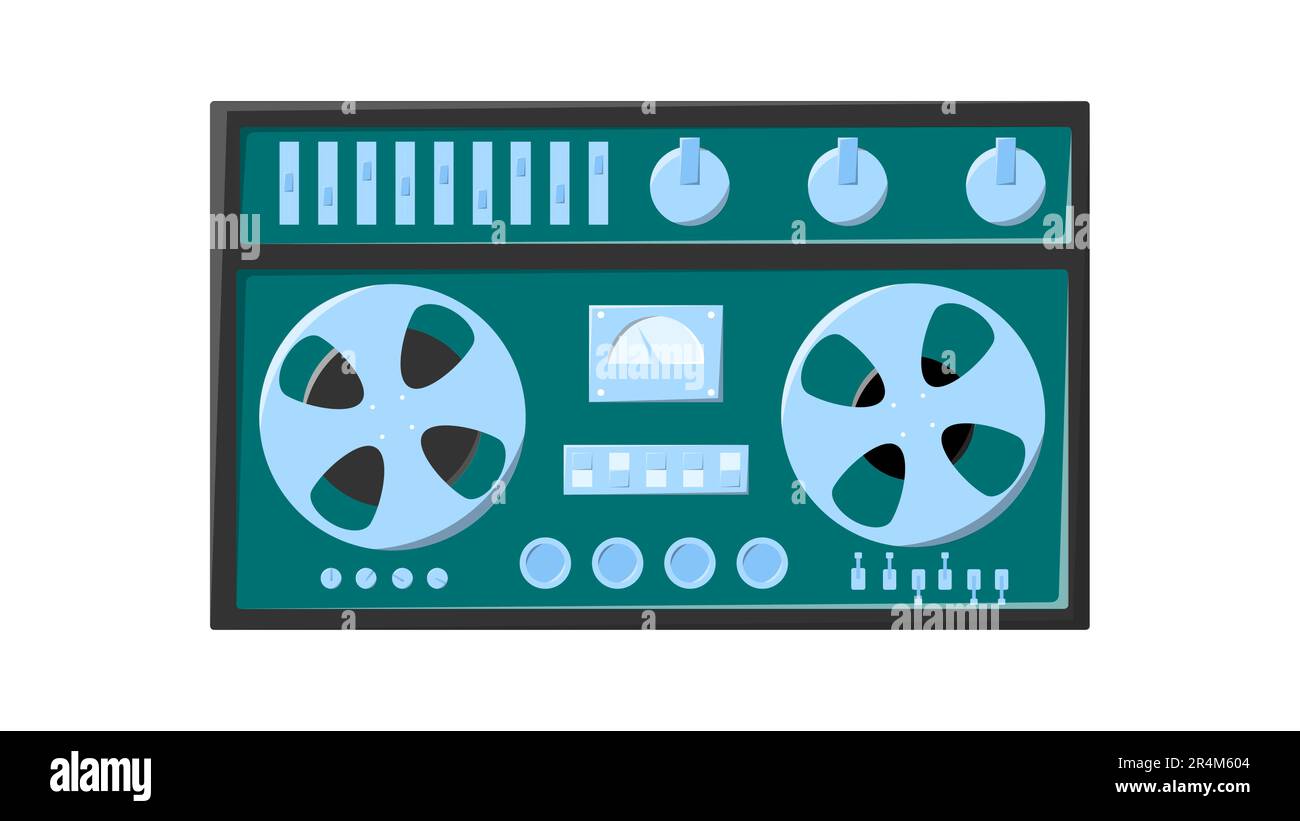 Old retro green vintage music cassette tape recorder with magnetic tape babbin on reels and speakers from the 70s, 80s, 90s. Beautiful icon. Vector il Stock Vector