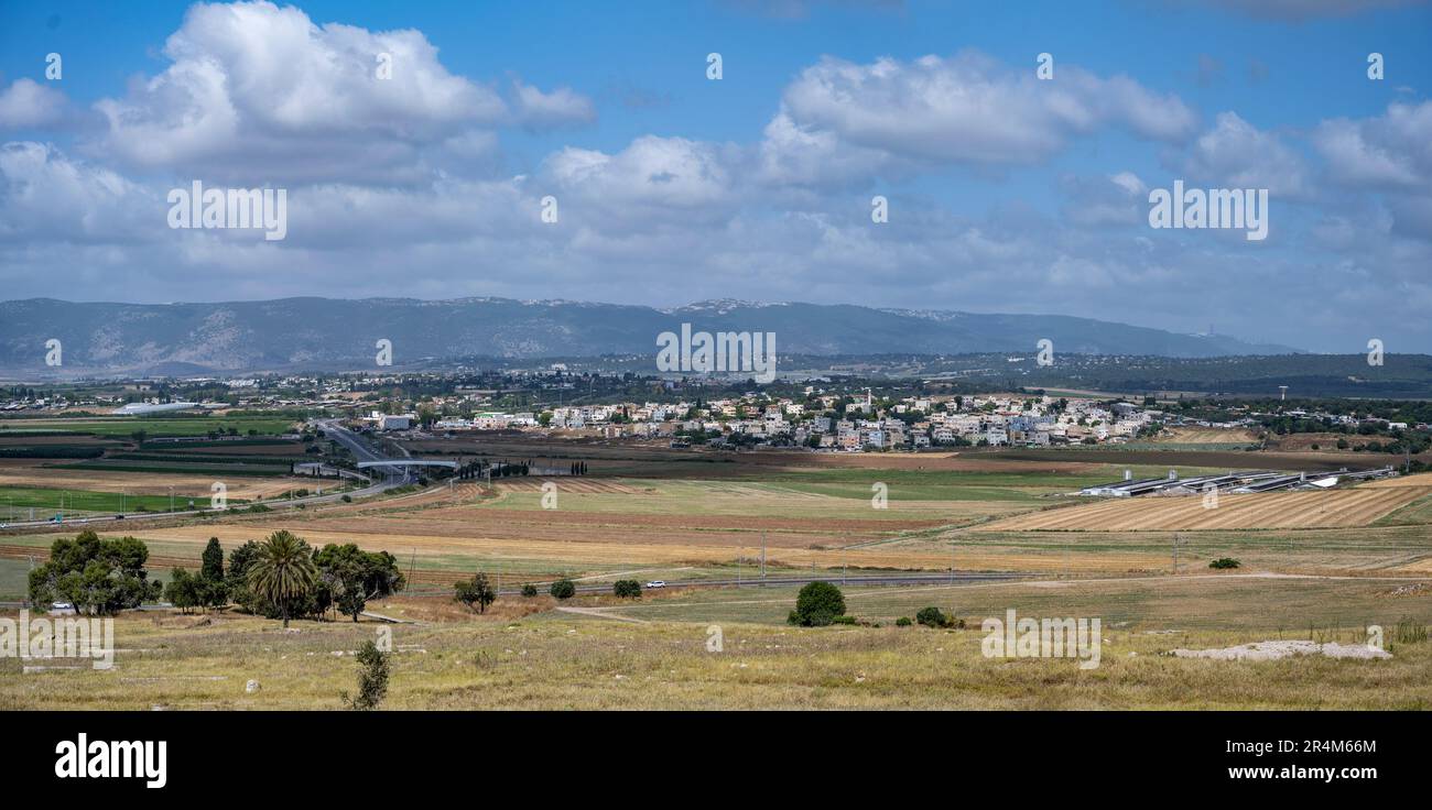 Israel, Jezreel Valley panoramic landscape as seen from Tel Shimron. Tel Shimron (Hebrew: תל שמרון) is an archaeological site and nature reserve in t Stock Photo