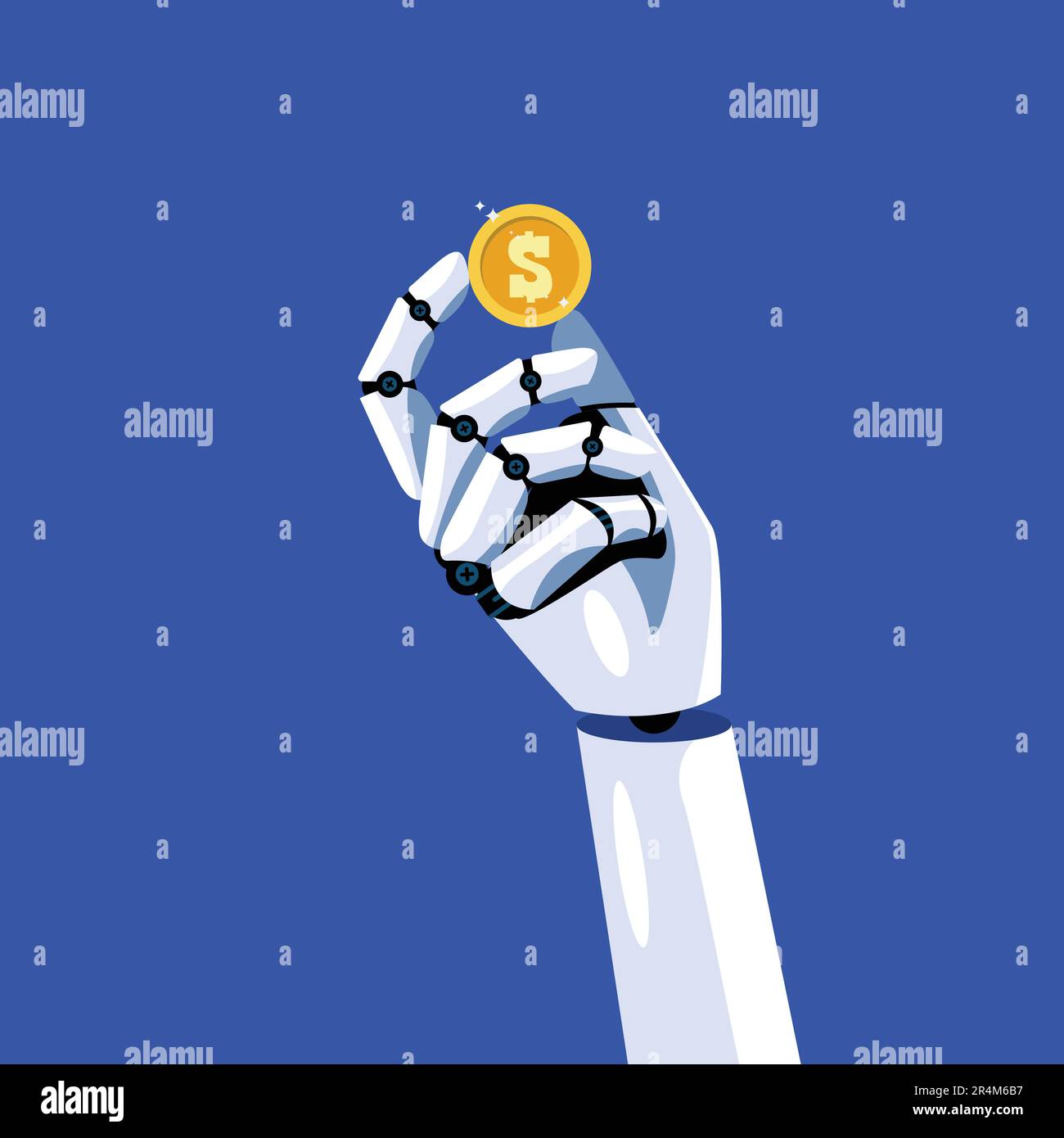 Robot hand is holding dollar coin. Artificial Intelligence. Vector illustration Stock Vector