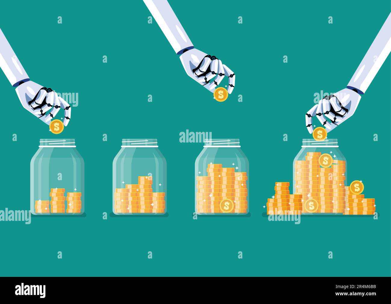 Robot hands saving coins in glass jars. Vector illustration Stock Vector