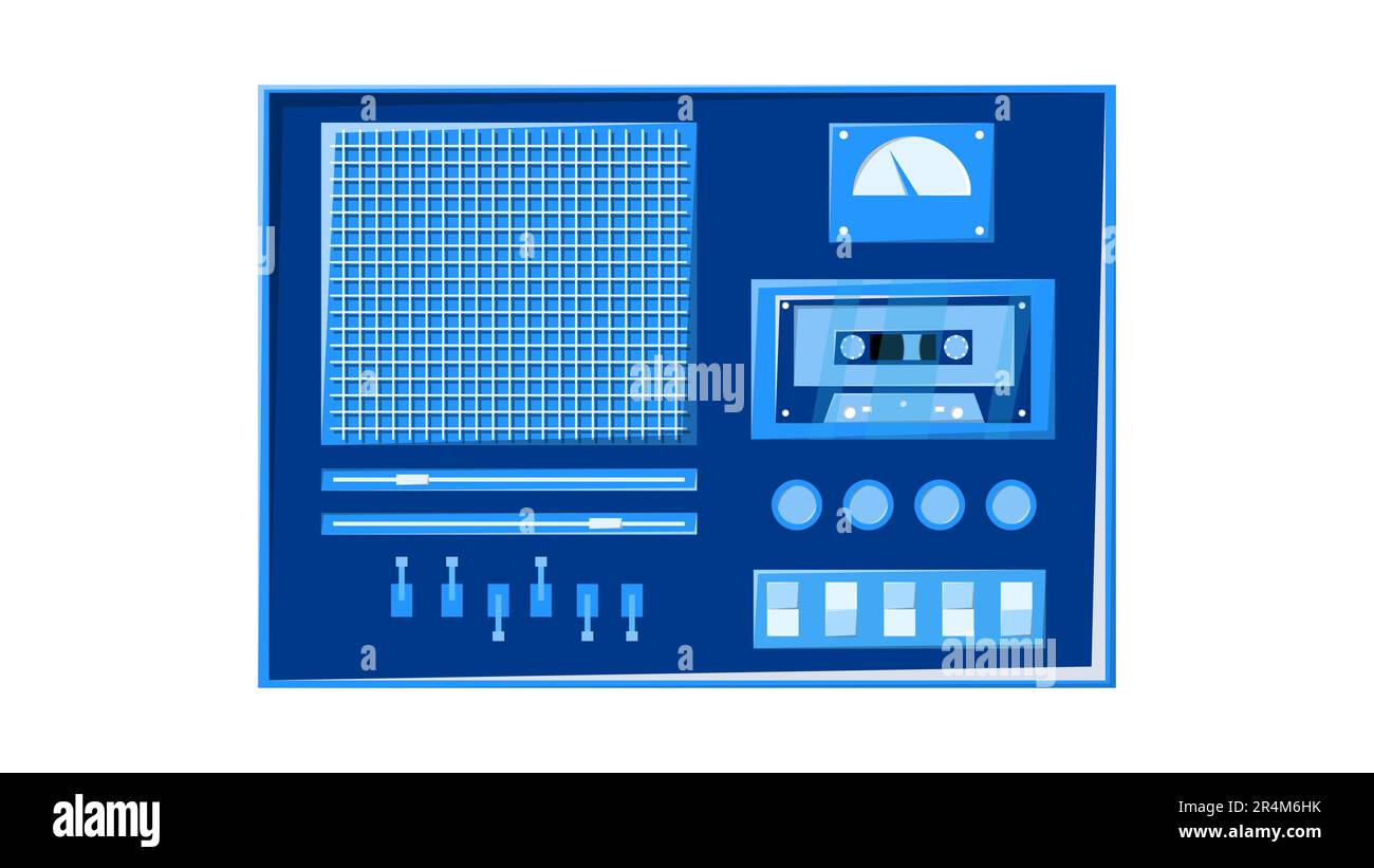 Old retro blue vintage music cassette tape recorder with magnetic tape on reels and speakers from the 70s, 80s, 90s. Beautiful icon. Vector illustrati Stock Vector