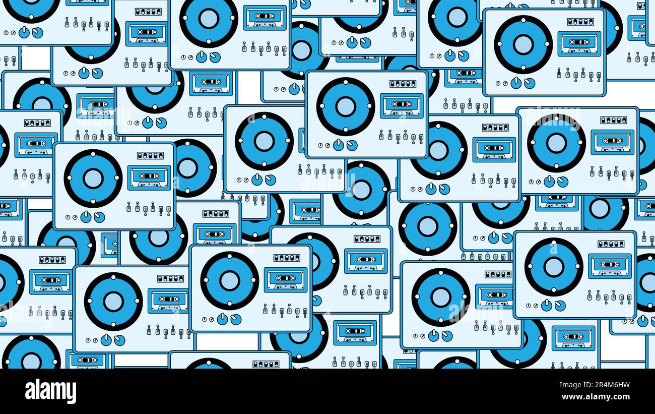 Seamless pattern endless with music audio cassette old retro tape recorders vintage hipster from 70s, 80s, 90s isolated on white background. Vector il Stock Vector
