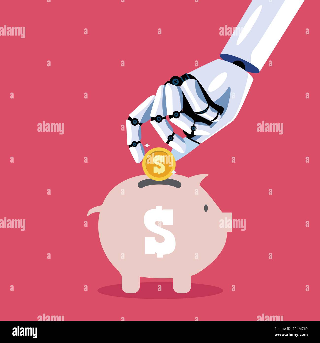 Robot hand insert coin into piggy bank. Artificial Intelligence. Vector illustration Stock Vector