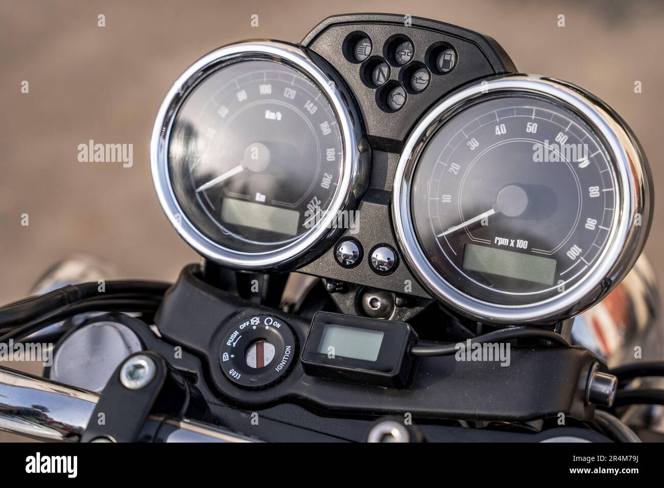 The dashboard of a classic motorcycle. Speedometer and tachometer Stock