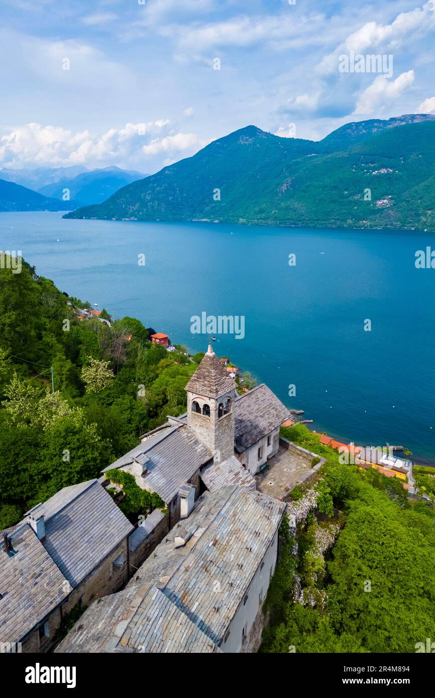 Aerial view of the small village of Carmine Superiore on Lake Maggiore in the spring. Cannobio, Maggiore Lake, Province of Verbania, Piedmont, Italy. Stock Photo