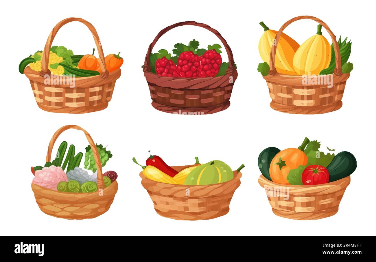 ui set vector illustration of fresh vegetables in basket isolated on ...