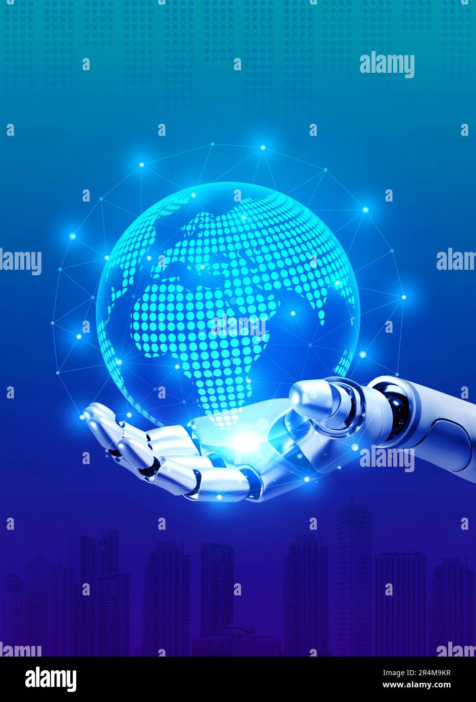 3d rendering robot hand holding digital world virtual hologram with ...