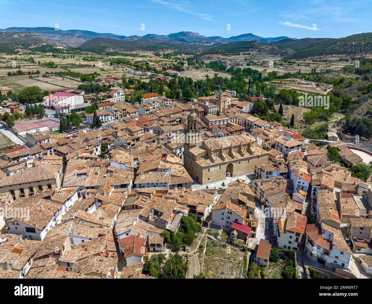 Aerial view Former Collegiate Church of Santa Maria la Mayor of Rubielos de Mora province of Teruel listed as beautiful towns of Spain Stock Photo