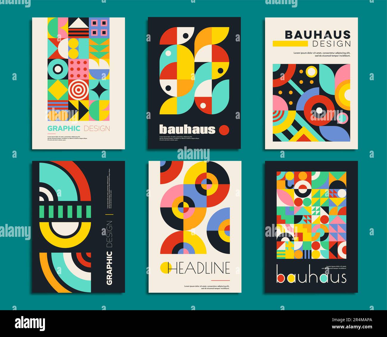 Bauhaus posters with geometric abstract patterns, minimal modern covers, vector templates. Bauhaus posters or backgrounds with retro shapes and simple Swiss art or vintage geometric abstract pattern Stock Vector