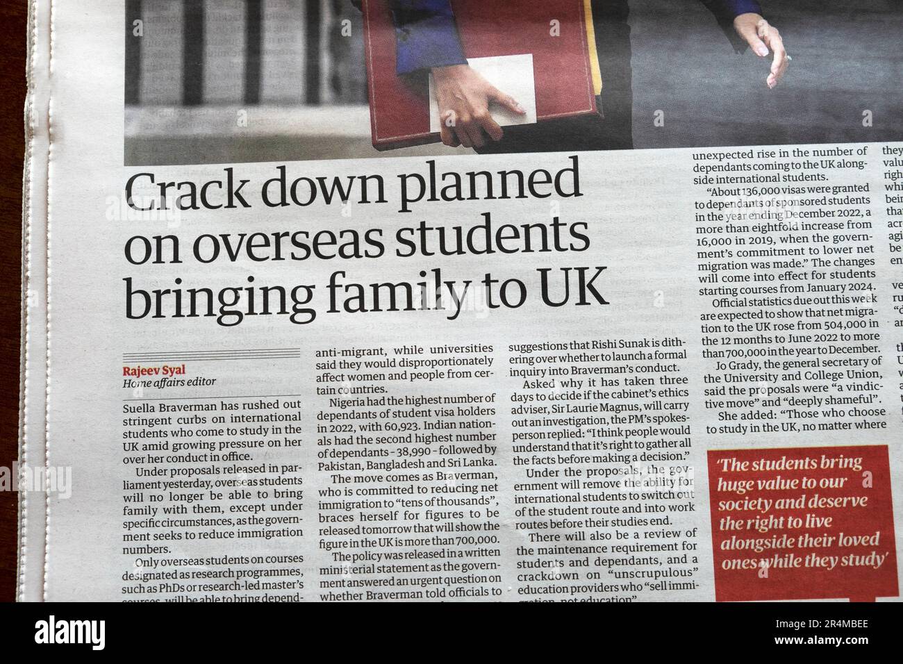 'Crack down planned on overseas students bringing family to UK' Guardian newspaper headline immigration article 24 May 2023 London UK England Stock Photo