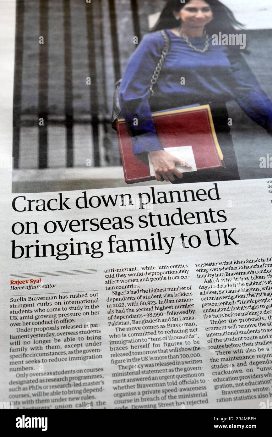 'Crack down planned on overseas students bringing family to UK' Guardian newspaper headline immigration article 24 May 2023 London UK England Stock Photo