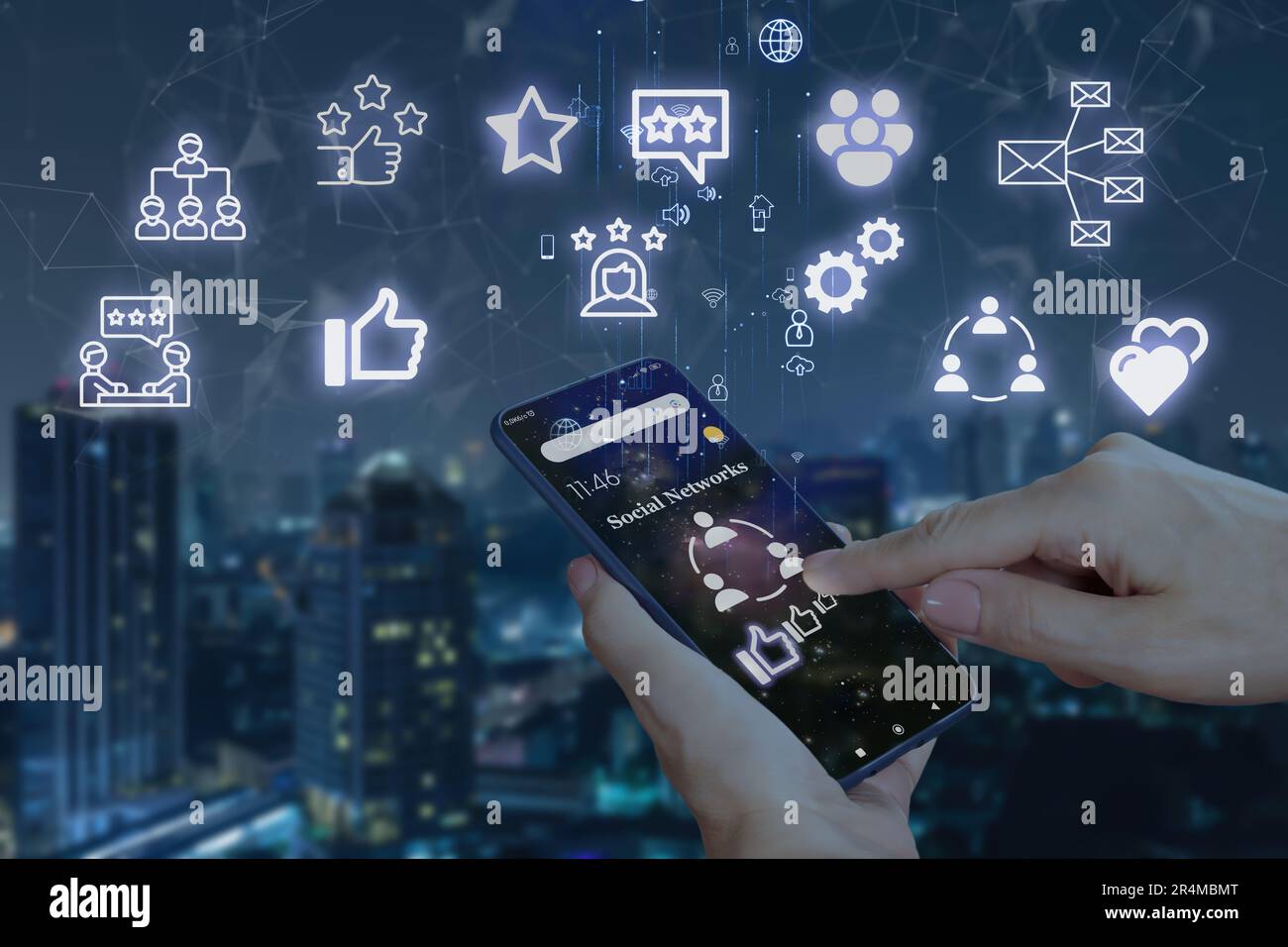 Woman's hands with smartphone and social networking icons on background of night city. Concept of global mobile communication and social networks Stock Photo