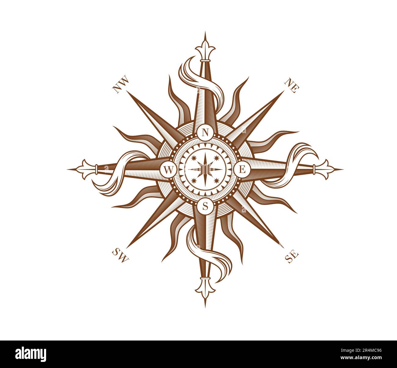 Vintage wind rose compass with medieval antique ribbons and sun. Vector windrose star of ancient nautical map with North, West, South and East arrows. Marine compass wind rose, antique cartography Stock Vector