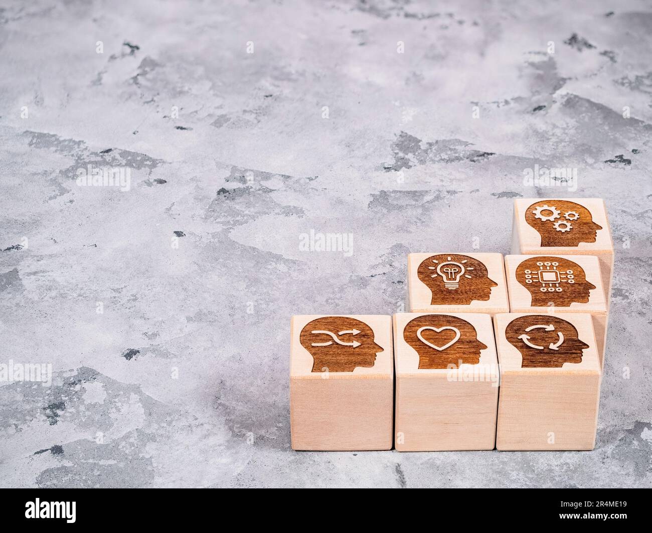 Soft power skills symbols on wooden cubes as management progress concept Stock Photo