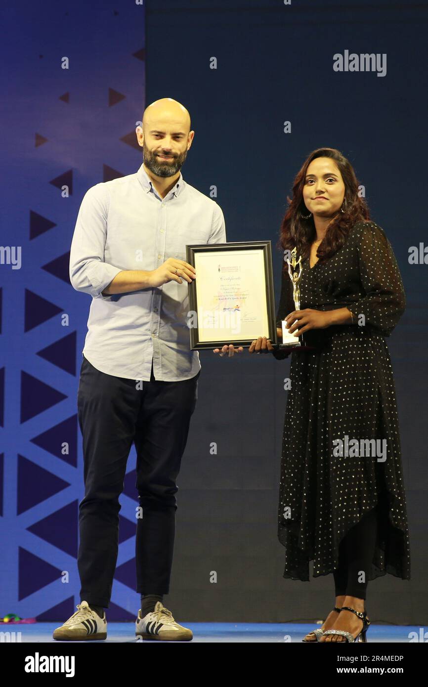 Bangladesh Women Cricket team captain Nigar Sultana Joty  received the bets cricketer of the year in the female category from Bangladesh Football Team Stock Photo