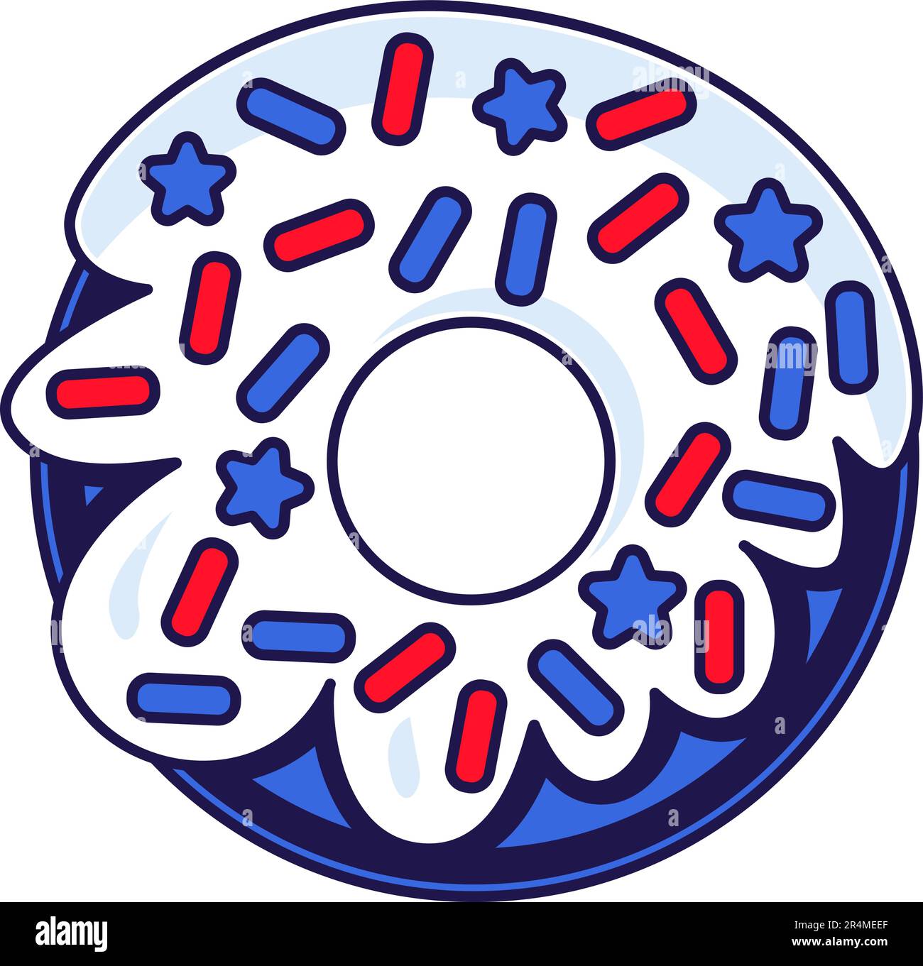 Sweet biscuit glazed donut with sprinkling of star sticks. Festive element, attributes of July 4th American Independence Day. Cartoon vector icon in n Stock Vector