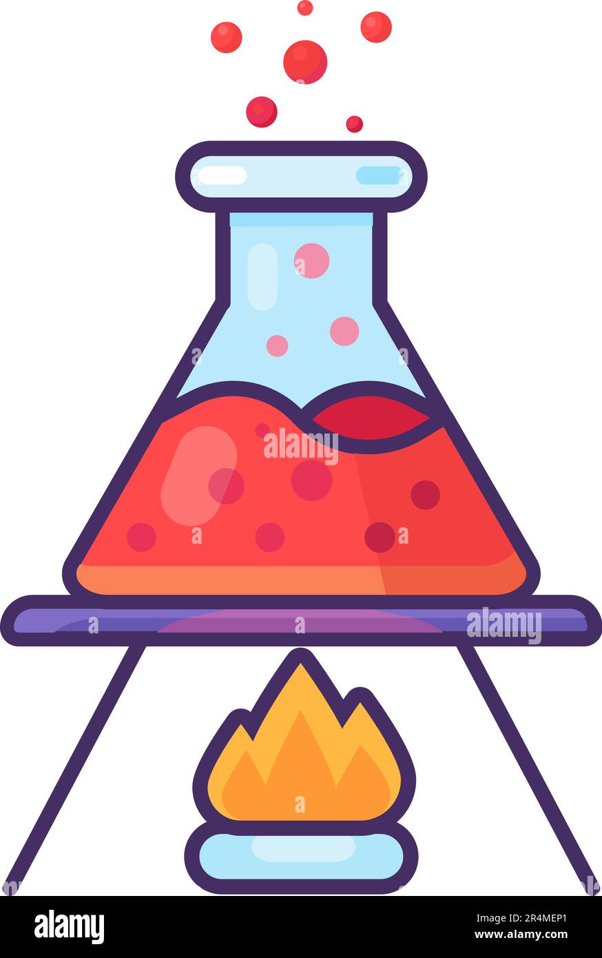 Chemical Flask with red boiling liquid inside on tripod over alcohol burner. Conducting experiments and analysis in chemistry. Simple cartoon outline Stock Vector