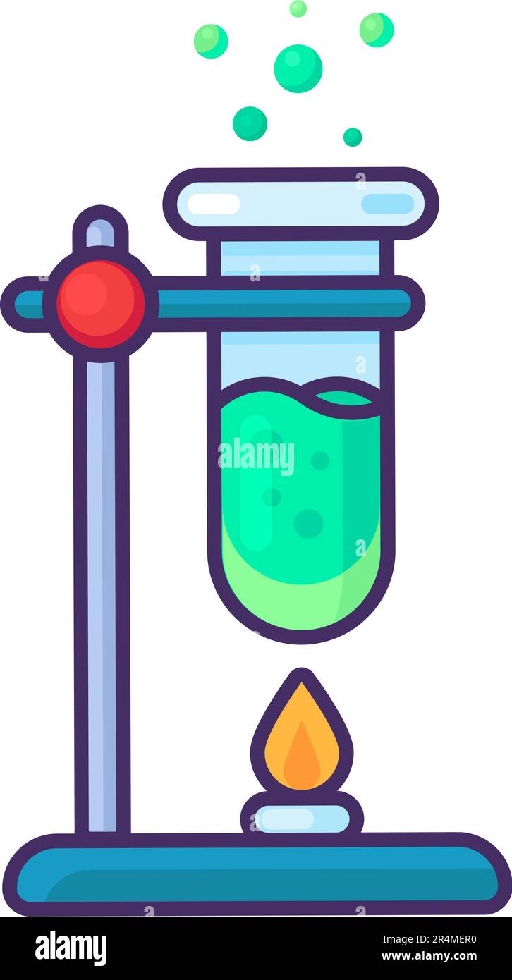 Chemical test tube with green boiling liquid inside fixed in tripod over alcohol burner. Conducting experiments and analysis in chemistry. Simple cart Stock Vector