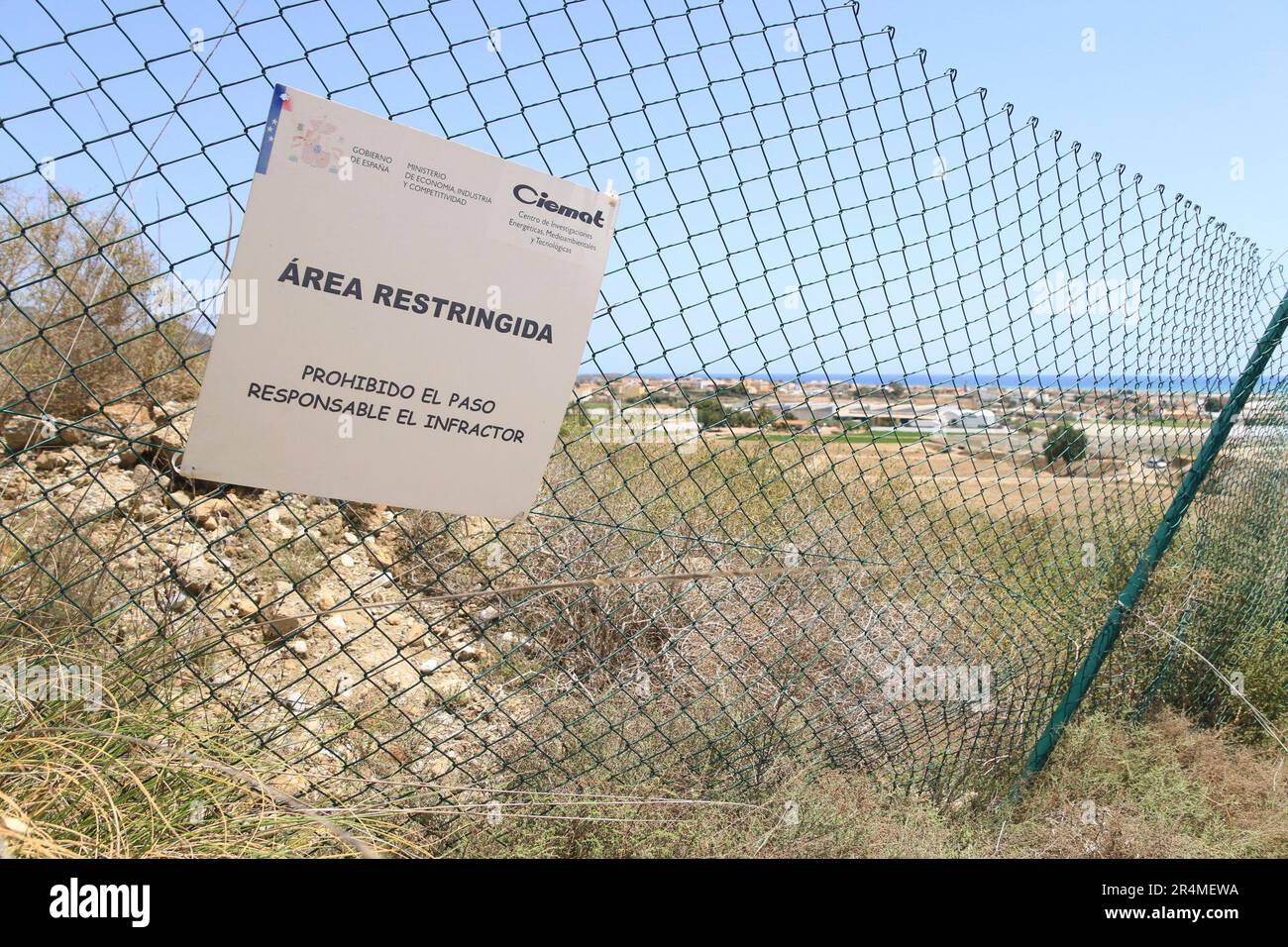 Detail of the plot of land contaminated by the nuclear accident in Palomares, on May 29, 2023 in Almeria (Andalusia, Spain). On the morning of January 17, 1966, a nuclear-armed B-52 bomber and a mother plane from the U.S. Air Force base at Morón de la Frontera (Seville) collided over Palomares, a hamlet of the Almeria municipality of Cuevas del Almanzora, during a routine in-flight refueling operation. 29 MAY 2023 Rafael González / Europa Press 05/25/2023 (Europa Press via AP) Stock Photo