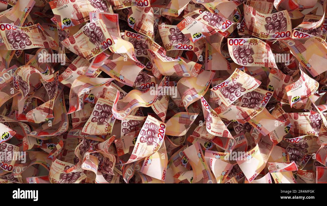 3D rendering of lots of 200 Ghanaian cedi notes spread on surface. money background Stock Photo