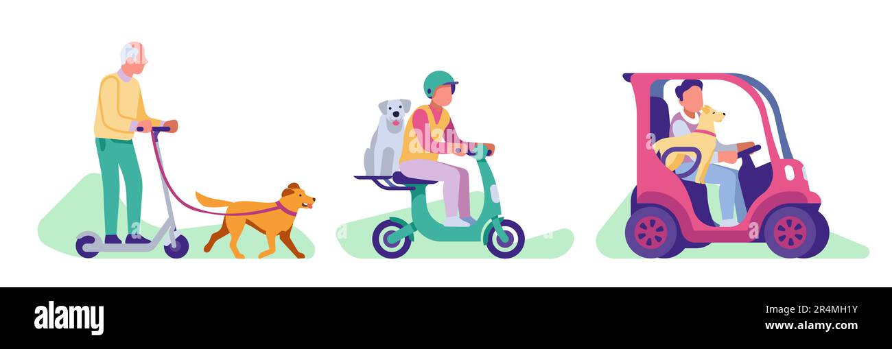 Active people walk their dog and ride scooter and electric car with