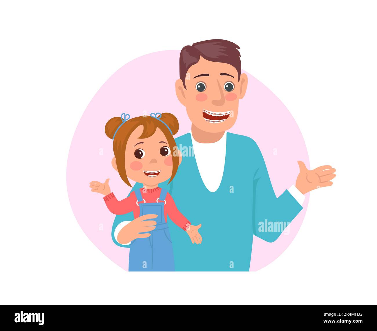 Health and dental care. Smiling father and daughter with teeth braces. Tooth correction. Medical brackets. Orthodontic treatment. Dentists appointment Stock Vector