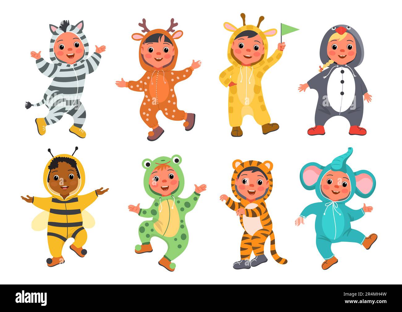 Kids animal dress. Funny children in cute pajamas and suits. Happy boys