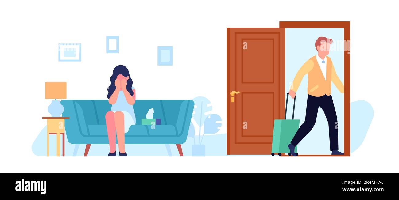 Man leaves unhappy crying woman. Guy with suitcase walking out door