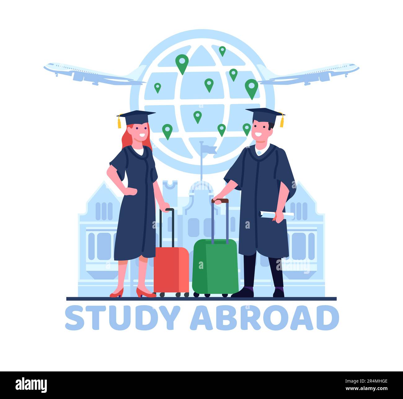 Study abroad and global education, guy and girl students fly away to
