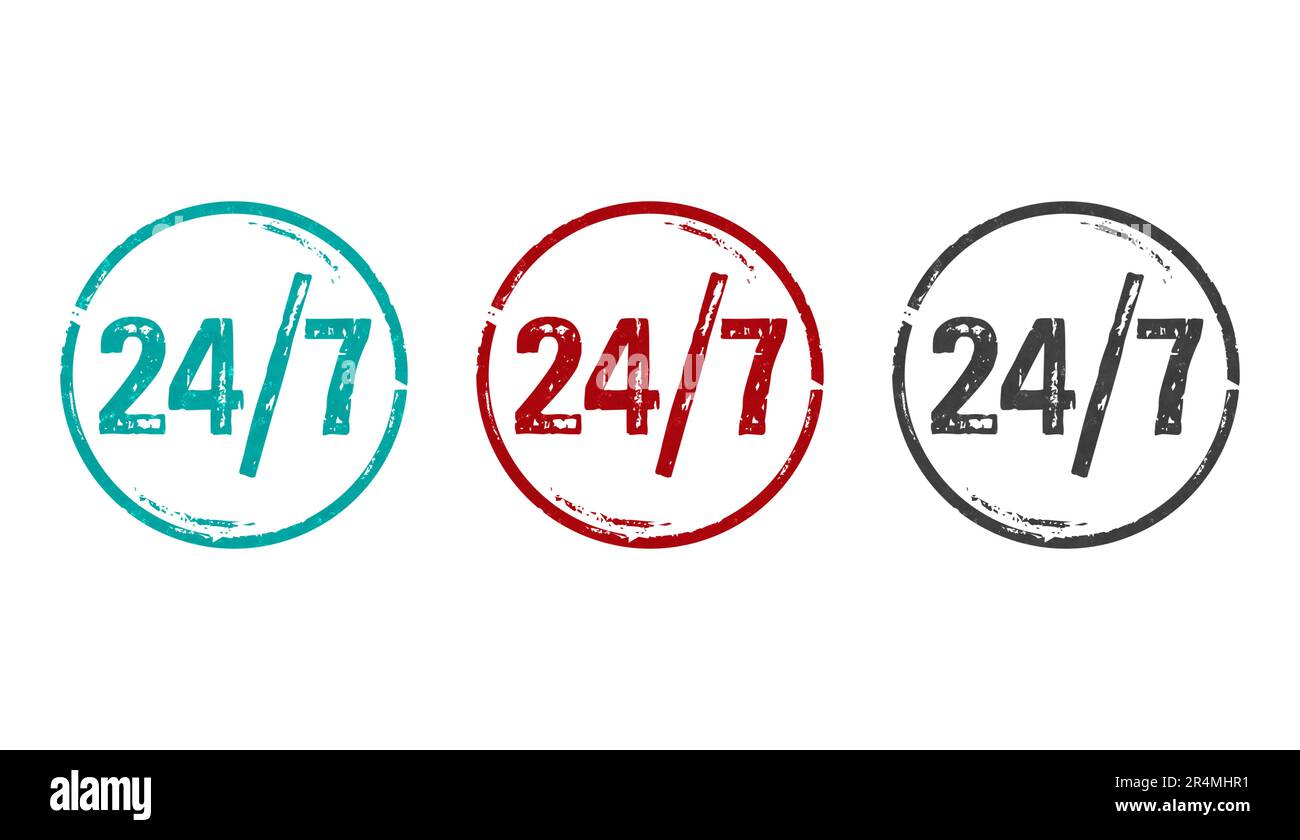 24 by 7 24 hour a day service stamp icons in few color versions. 24h