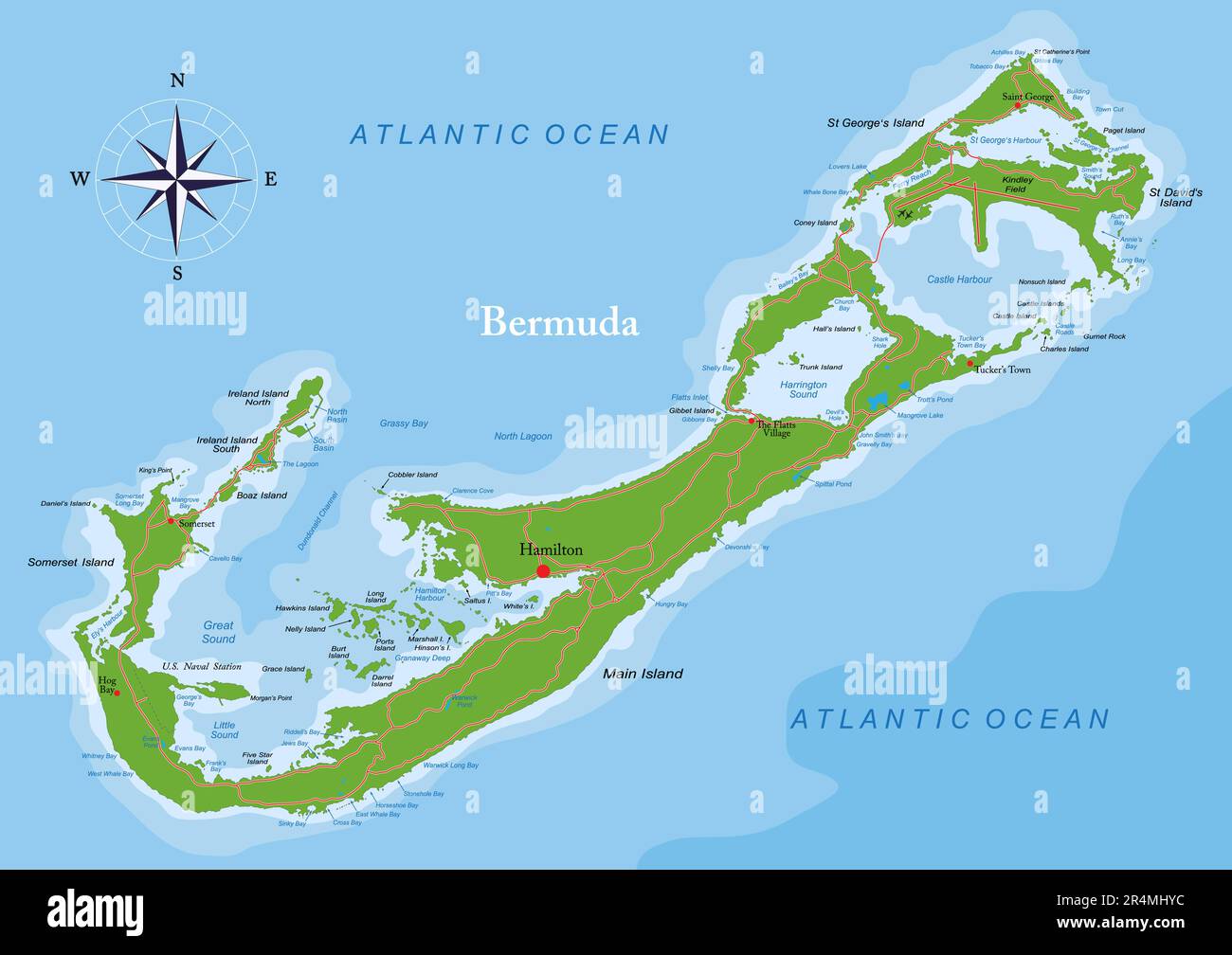 Highly detailed physical map of Bermuda islands in vector format,with all the relief forms,regions and big cities. Stock Vector