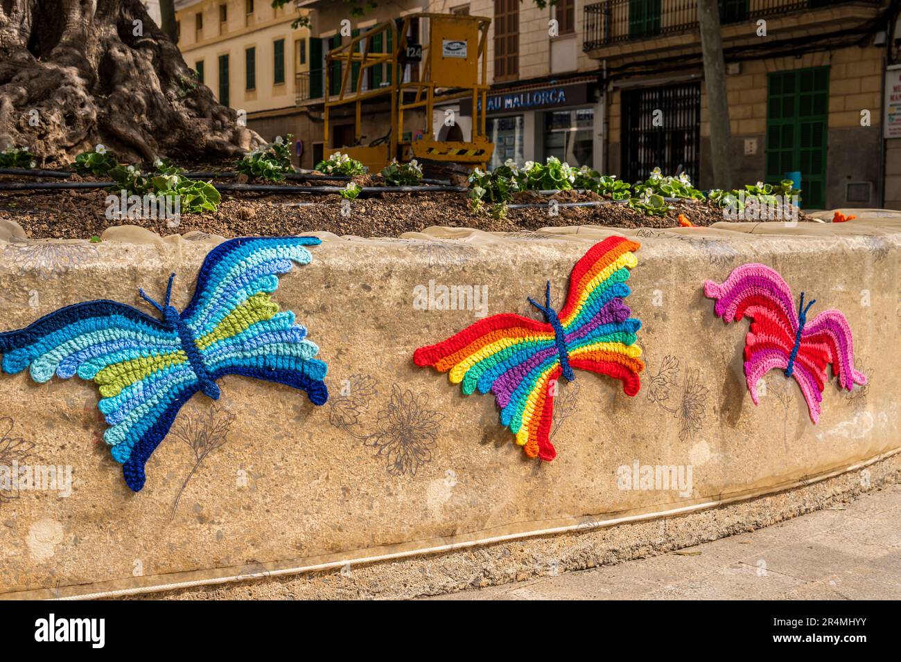 Close-up of colorful butterflies made of fabric decorating the street.  Manacor, island of Mallorca, Spain Stock Photo - Alamy