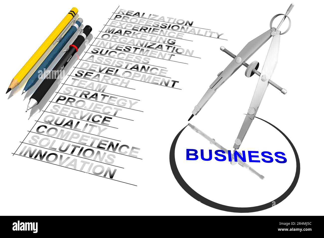 3D illustration. Quality Company List. Compass trace a circle around ...