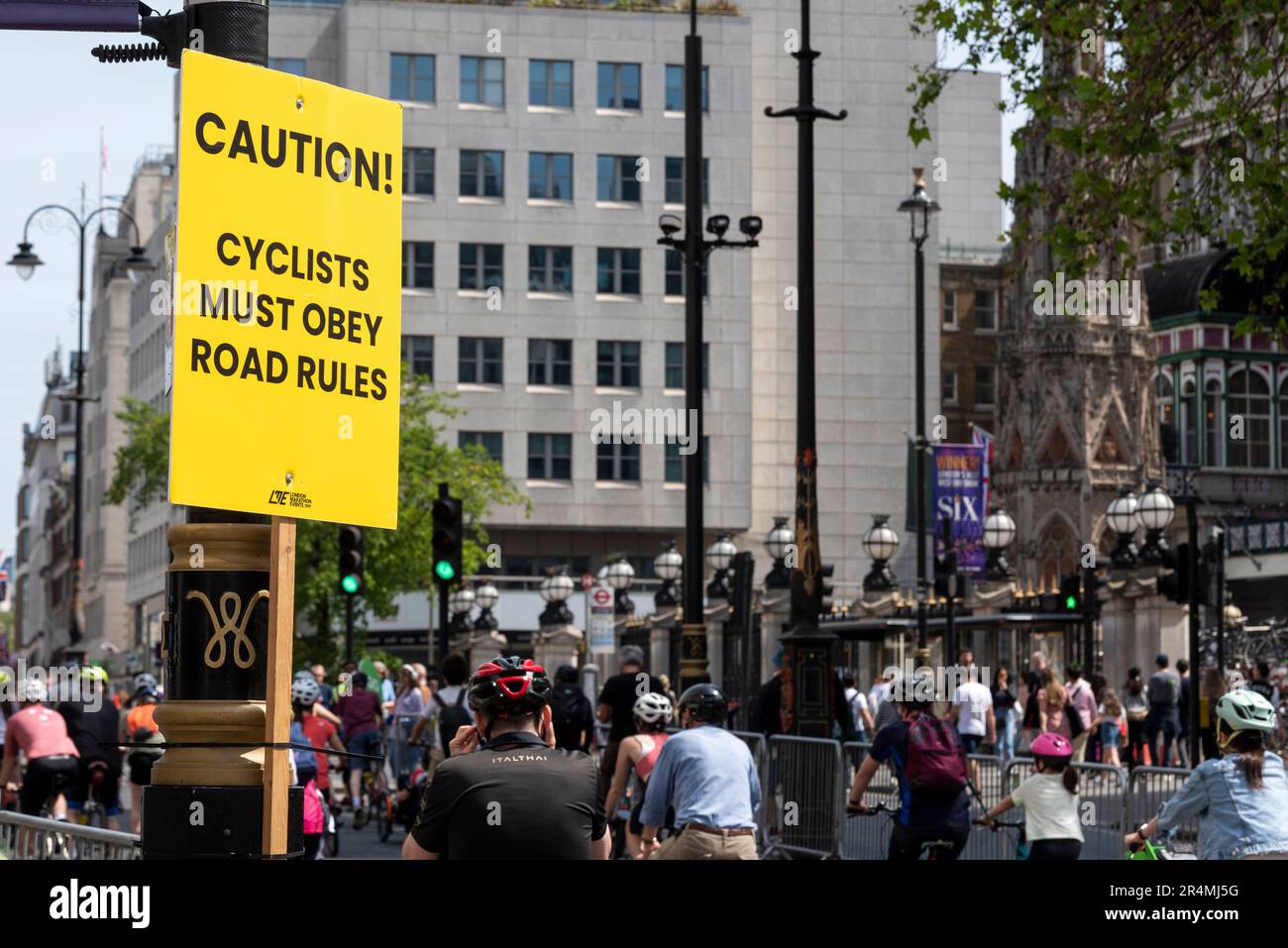 Caution, cyclists must obey road rules sign at the 2023 Ford RideLondon