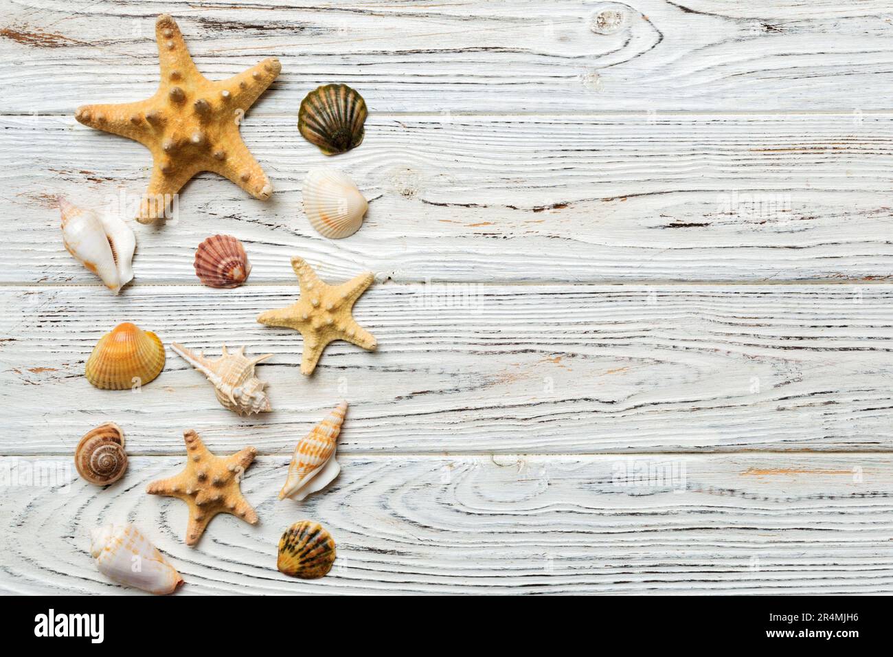Summer time concept Flat lay composition with beautiful starfish and ...