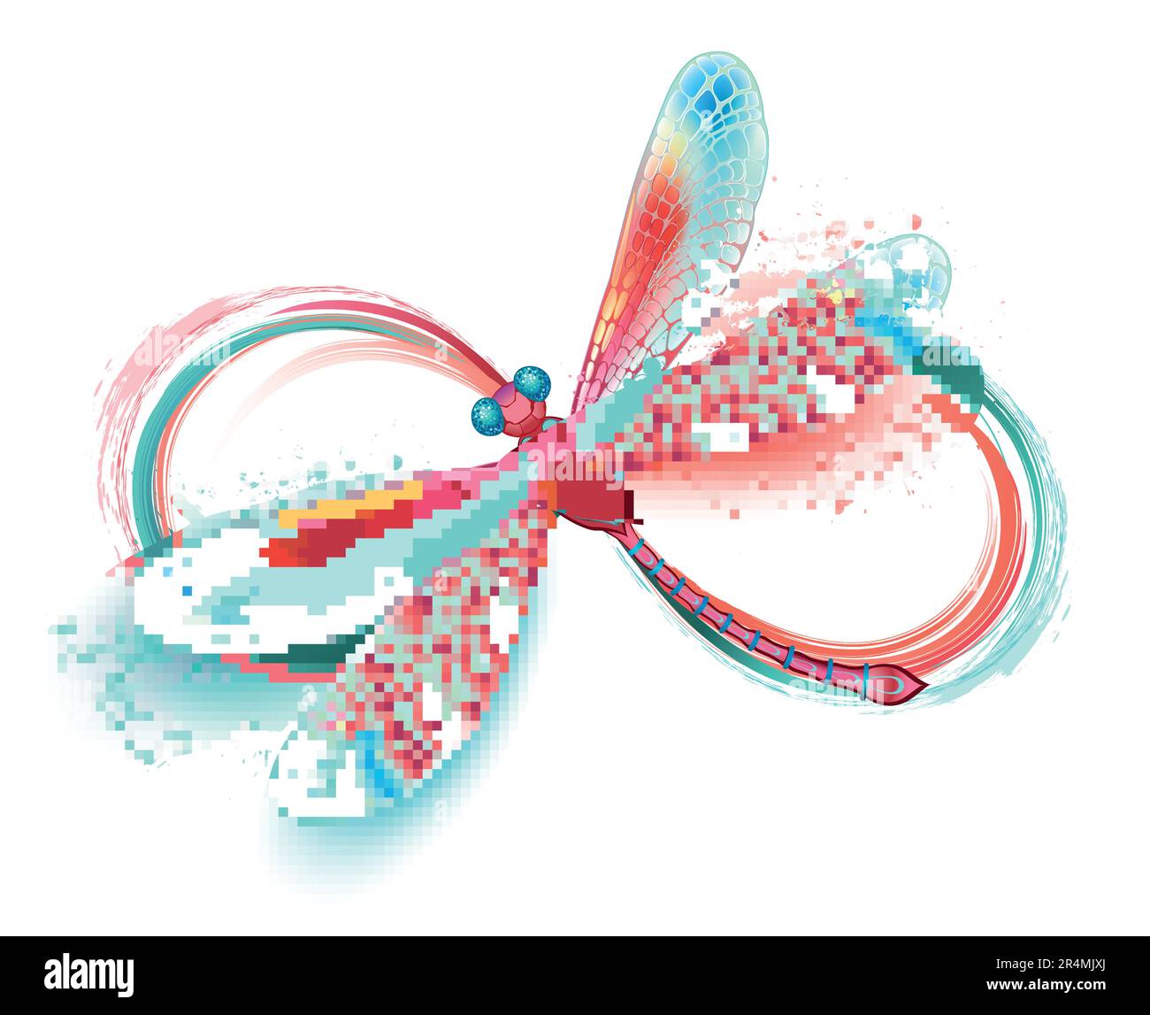Infinity painted with large brush strokes, red, orange and turquoise paint with artistically drawn red dragonfly decorated with light red, detailed wi Stock Vector