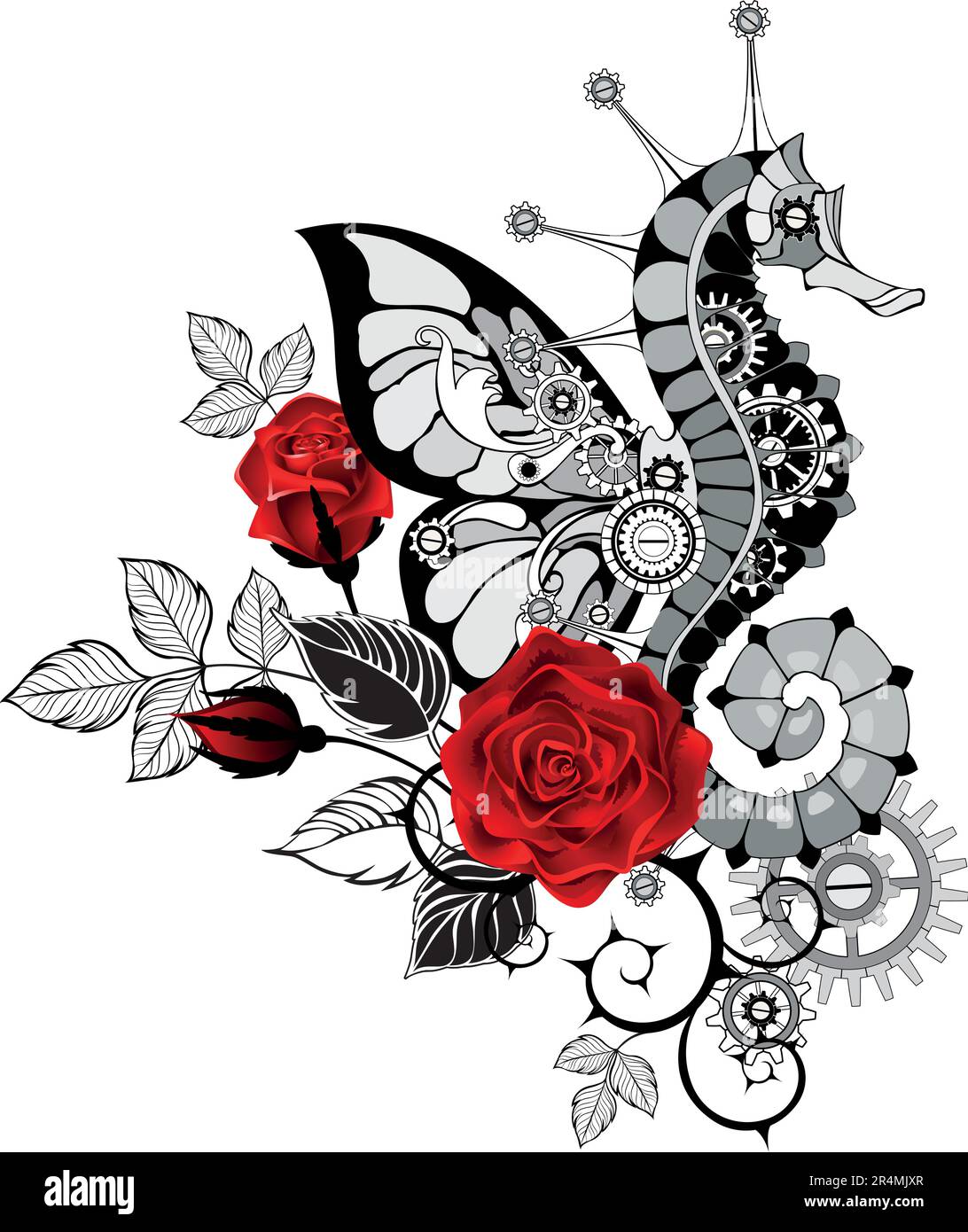 Steampunk composition of an outlined, artistically drawn, mechanical seahorse with butterfly wing, decorated with black stems and blooming red roses o Stock Vector