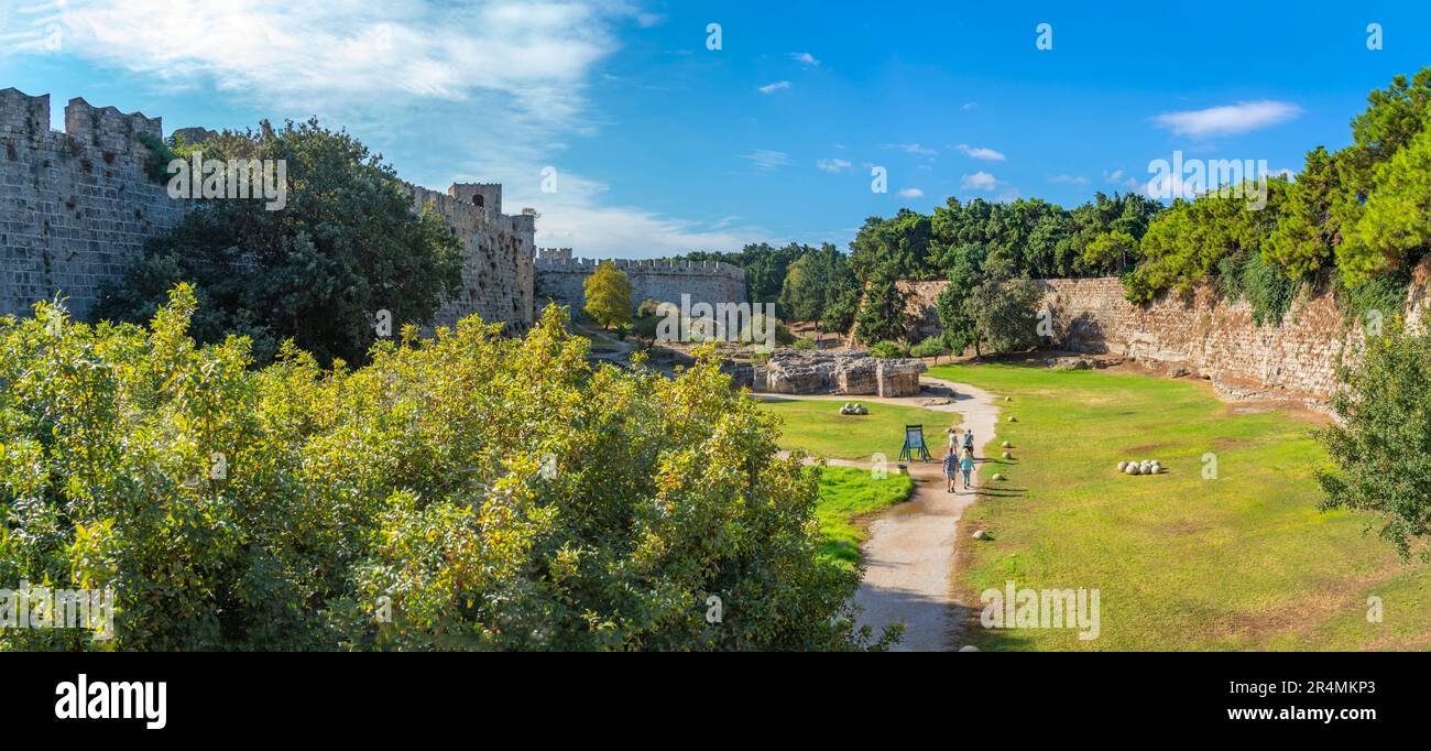 View of walls near Gate of Amboise, Old Rhodes Town, UNESCO World Heritage Site, Rhodes, Dodecanese, Greek Islands, Greece, Europe Stock Photo