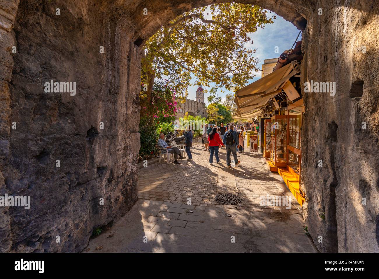 View of St. Anthony Gate, Old Rhodes Town, UNESCO World Heritage Site, Rhodes, Dodecanese, Greek Islands, Greece, Europe Stock Photo