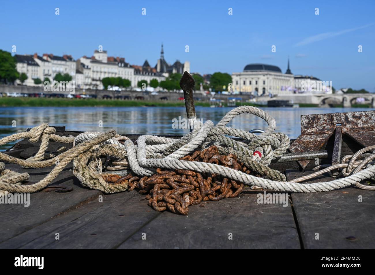 View of Saumur from a Loire river boat with the town hall and town theatre bordering the waterfront, France Stock Photo