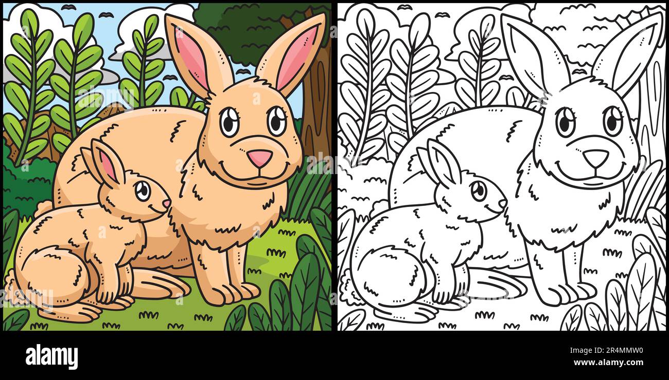 Mother Rabbit Baby Rabbit Coloring Illustration Stock Vector