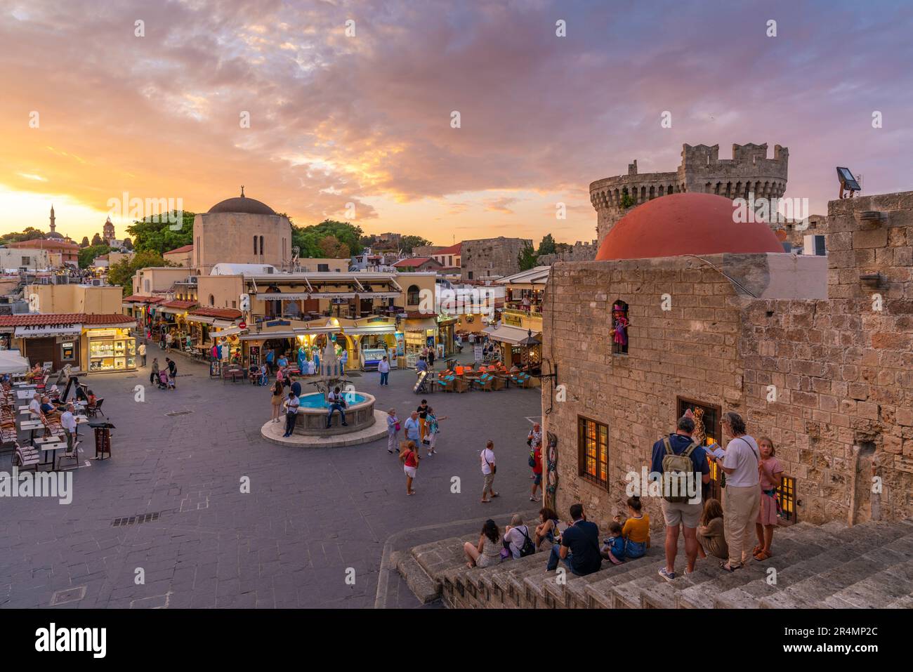 View of Hippocrates Square at sunset, Old Rhodes Town, UNESCO World Heritage Site, Rhodes, Dodecanese, Greek Islands, Greece, Europe Stock Photo
