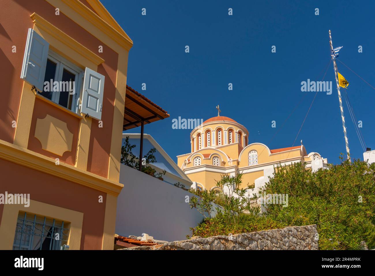 View of The Annunciation Church, Symi Town, Symi Island, Dodecanese, Greek Islands, Greece, Europe Stock Photo