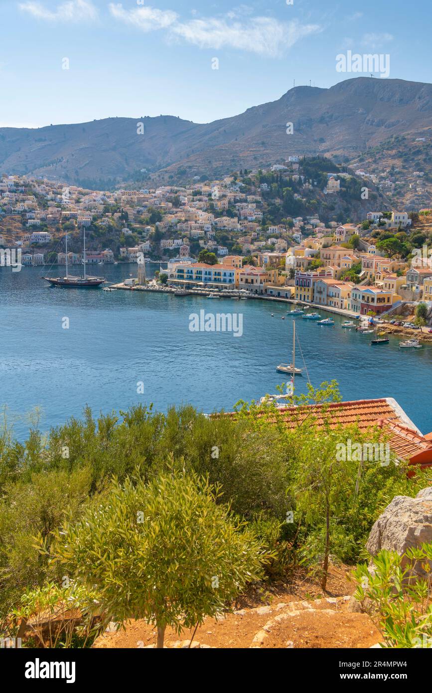View of Symi Town from Annunciation Church, Symi Town, Symi Island, Dodecanese, Greek Islands, Greece, Europe Stock Photo