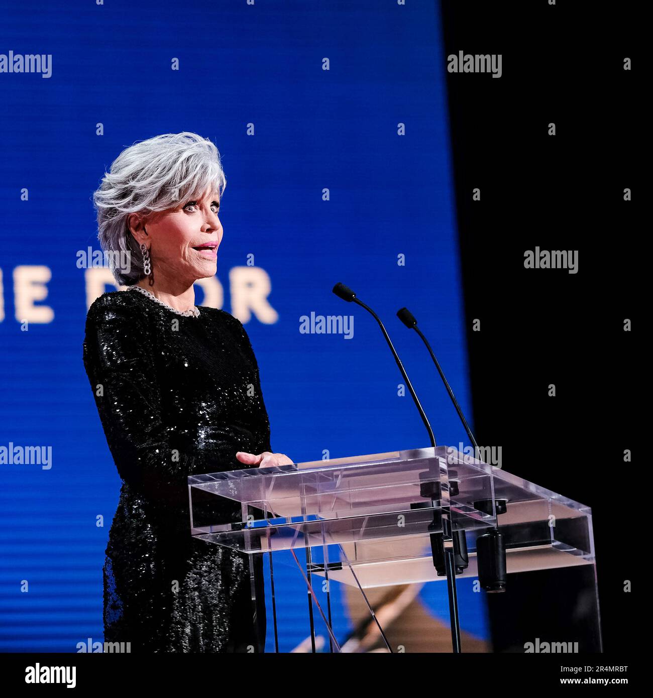 Jane Fonda presented the Palme D’Or photographed during the Closing Ceremony  for the 76th Cannes International Film Festival at Palais des Festivals in Cannes, France on 27 May 2023. Stock Photo